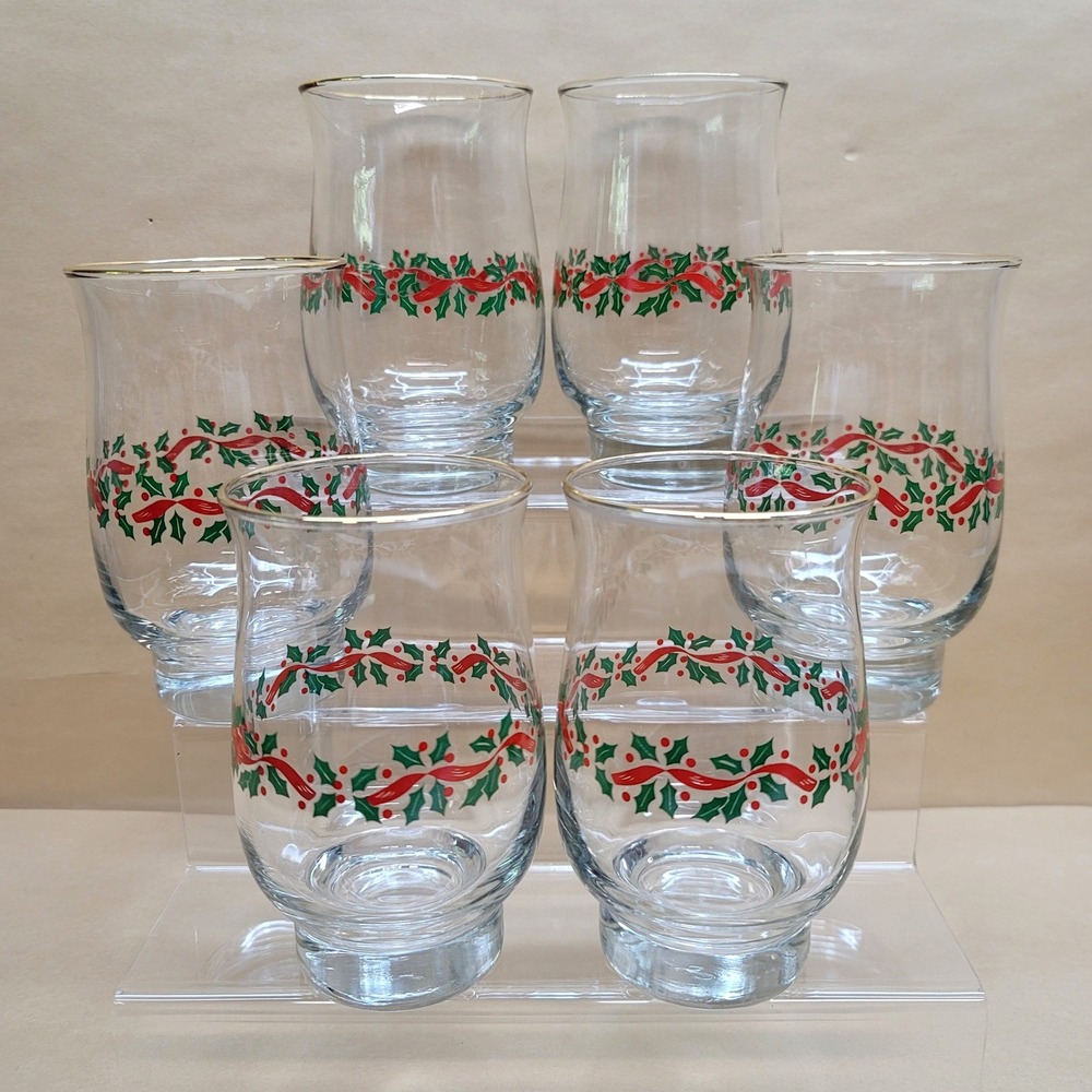Libbey Christmas Holly Ribbon Gold Rim Footed Glasses Set of 6 Holiday Tumblers